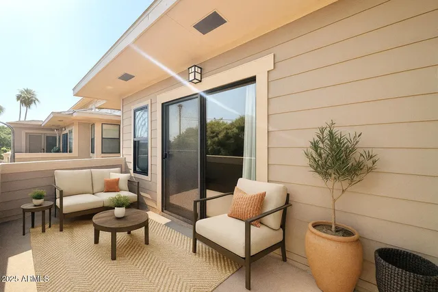 a living room with furniture and a potted plant