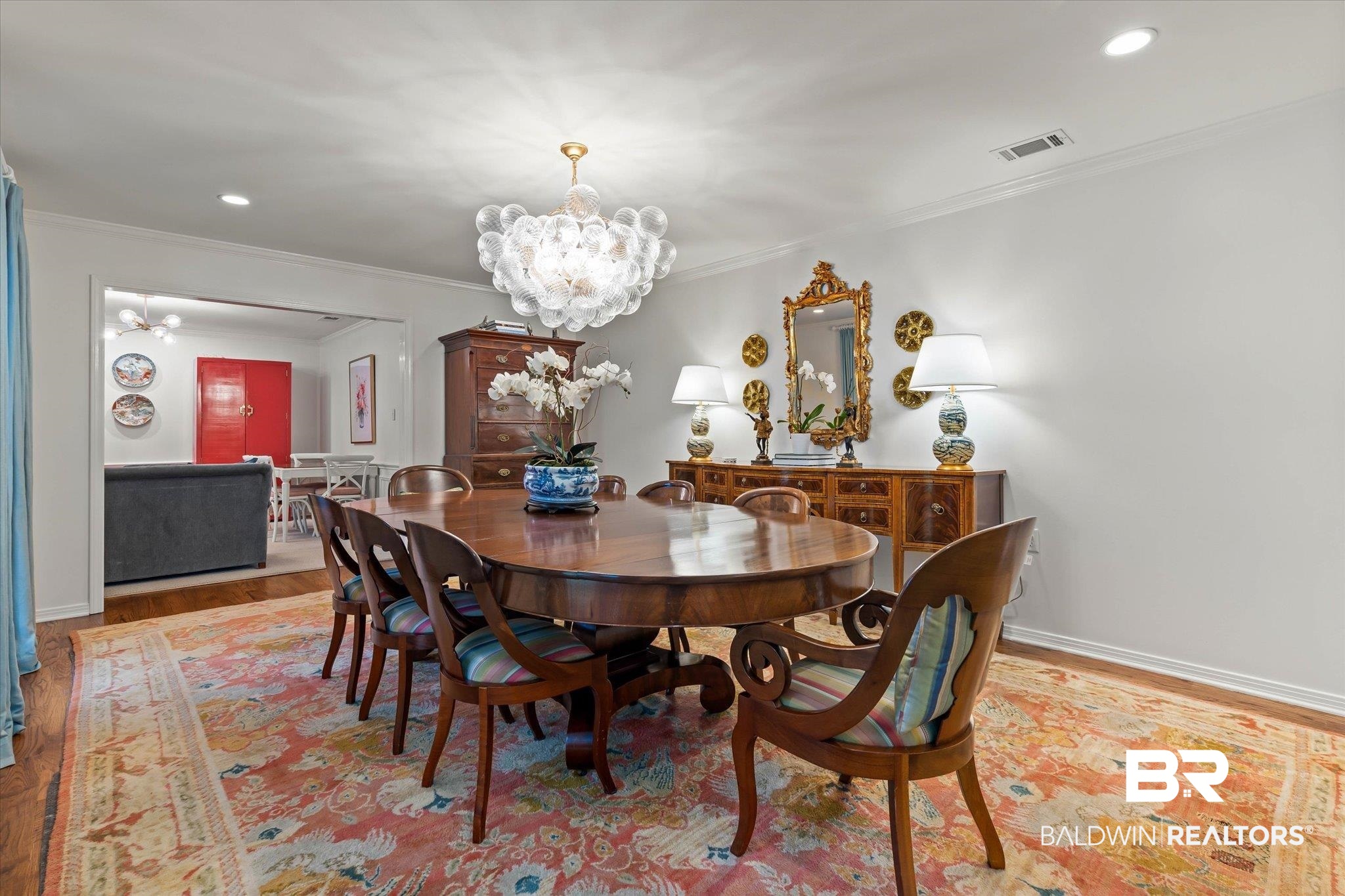 3612 Linden Lane Mobile, AL 36608 - Photo 10 of 42 Dining area featuring a chandelier, crown molding, light wood-type flooring, and recessed lighting