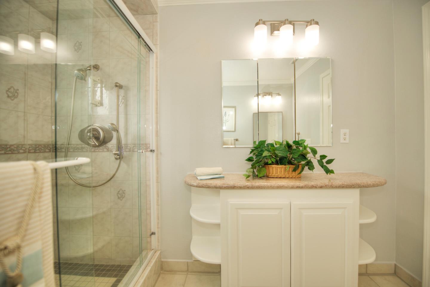 1396 Fallen Leaf Drive Milpitas, CA 95035 - Photo 29 of 43 a bathroom with a granite countertop shower a sink and a mirror