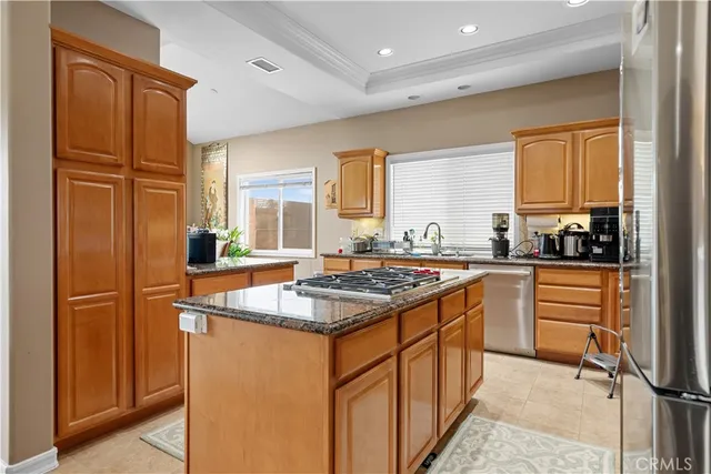 a kitchen with stainless steel appliances granite countertop a refrigerator a sink dishwasher a stove and a refrigerator