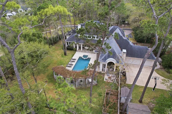 a view of a house with a big yard potted plants and large tree