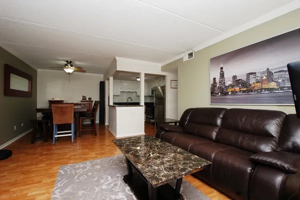a living room with furniture and a dining table with kitchen view