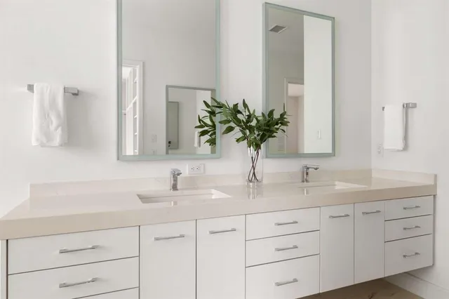 a bathroom with a sink a mirror and a shower