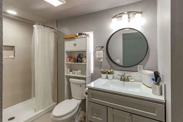 a bathroom with a sink a mirror a toilet and a shower