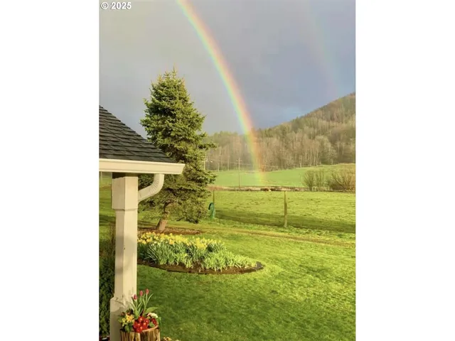 a view of a chairs and table in a backyard