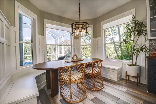a view of a dining room with furniture window and outside view