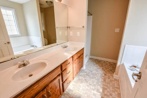 a bathroom with a double vanity sink a mirror and a bathtub