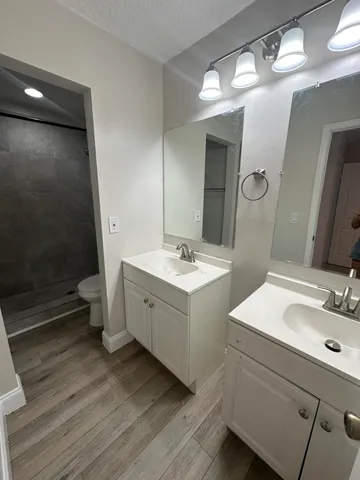 a bathroom with a double vanity sink toilet and shower