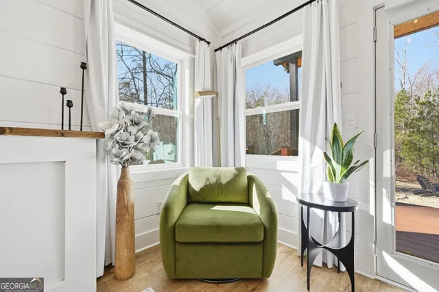 a living room with furniture and a potted plant
