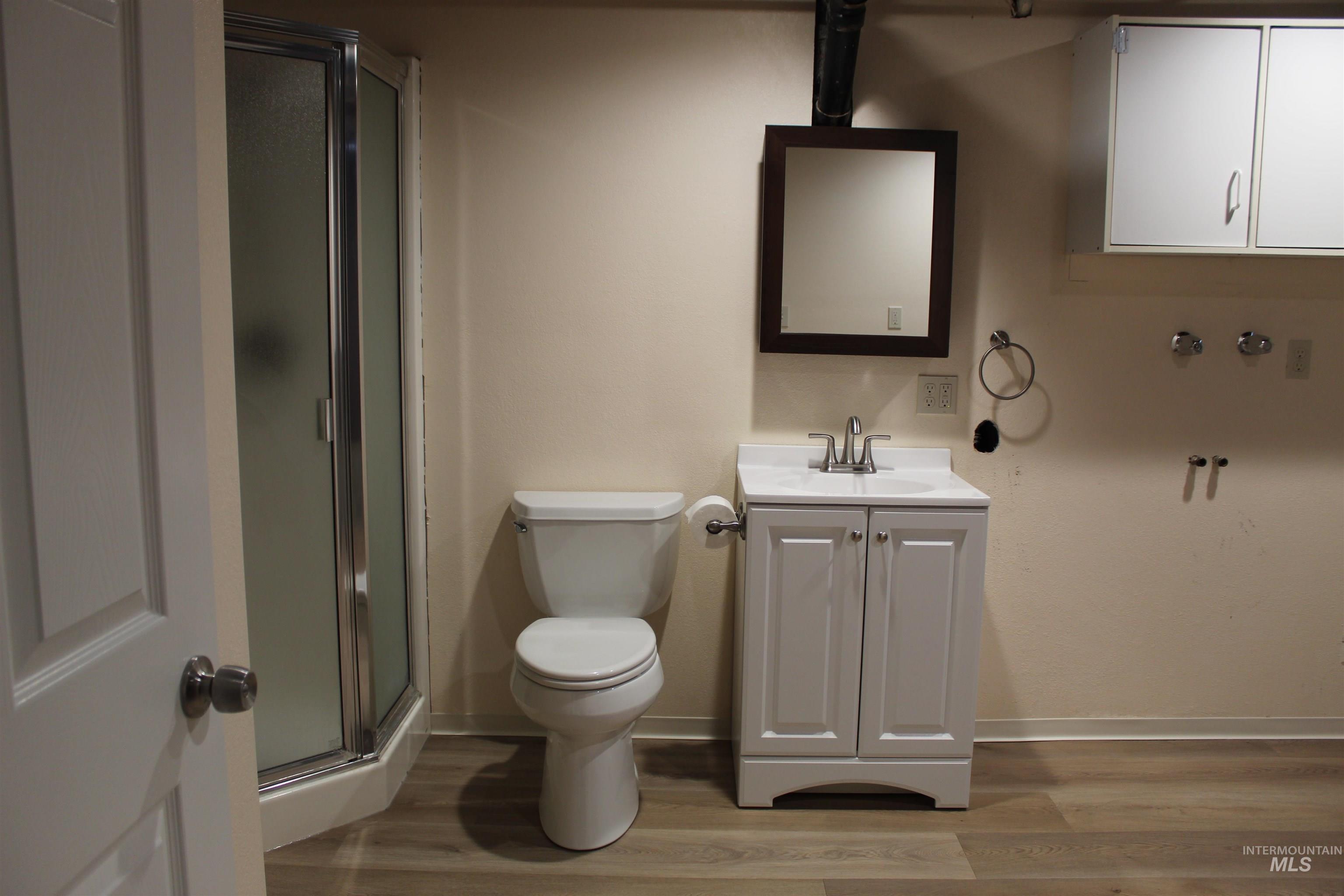85 Northwest 16th Street Ontario, OR 97914 - Photo 15 of 25 Bathroom featuring a stall shower, vanity, and light wood-style flooring
