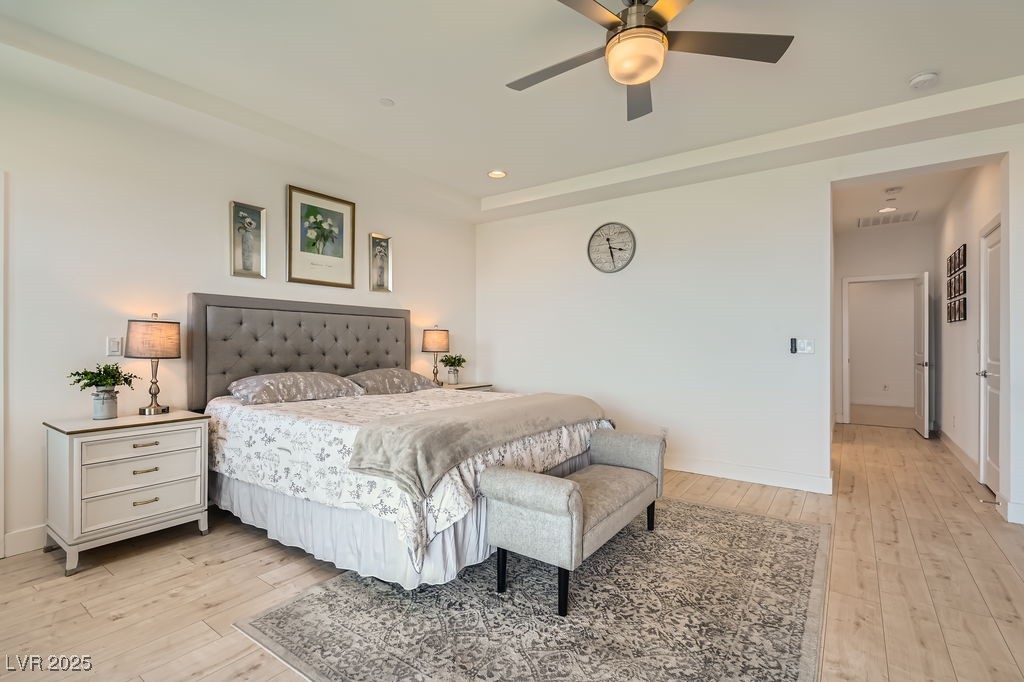 130 West Fairway Road Henderson, NV 89015 - Photo 14 of 40 Bedroom featuring light wood-type flooring, a ceiling fan, and recessed lighting