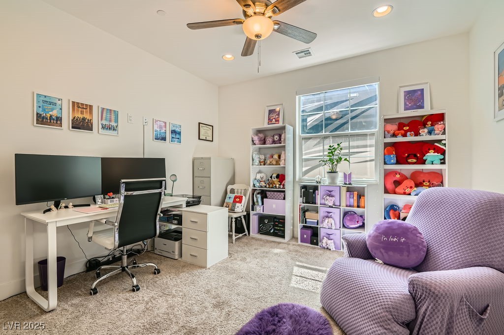 130 West Fairway Road Henderson, NV 89015 - Photo 22 of 40 Office area with carpet floors, a ceiling fan, and recessed lighting