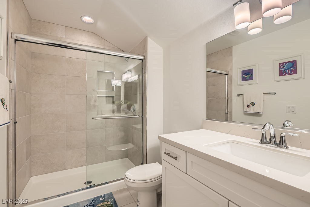 130 West Fairway Road Henderson, NV 89015 - Photo 27 of 40 Bathroom with vanity, a shower stall, tile patterned flooring, and recessed lighting