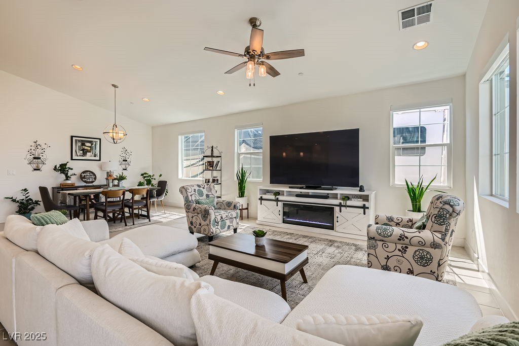 130 West Fairway Road Henderson, NV 89015 - Photo 6 of 40 Living room with recessed lighting, a ceiling fan, and tile patterned flooring