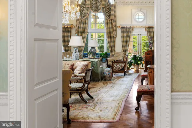 a view of a chandelier in a room