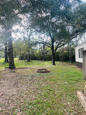 a view of a backyard with large trees