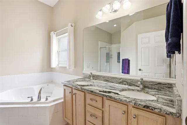 a bathroom with a granite countertop tub sink and mirror
