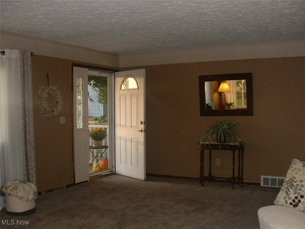 Front entrance.  Plush newer carpet and textured ceiling.