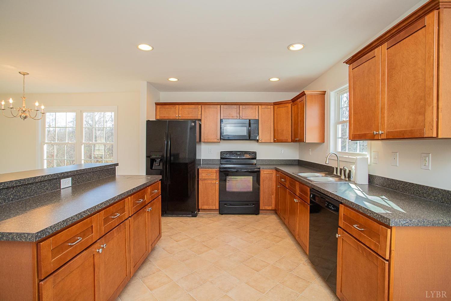 2417 River Road Madison Heights, VA 24572 - Photo 29 of 35 a kitchen with stainless steel appliances granite countertop a refrigerator a sink dishwasher a stove top oven and a dining table with wooden cabinet