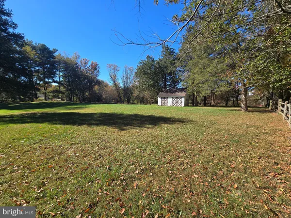 a view of a field with a trees in the background