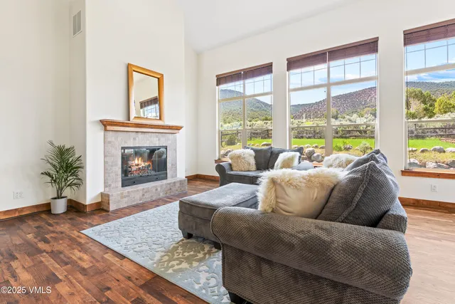 a living room with furniture a window and a fireplace