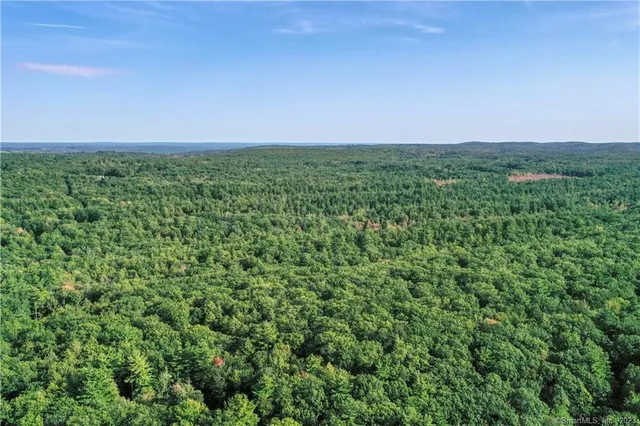 an aerial view of residential houses with outdoor space and trees