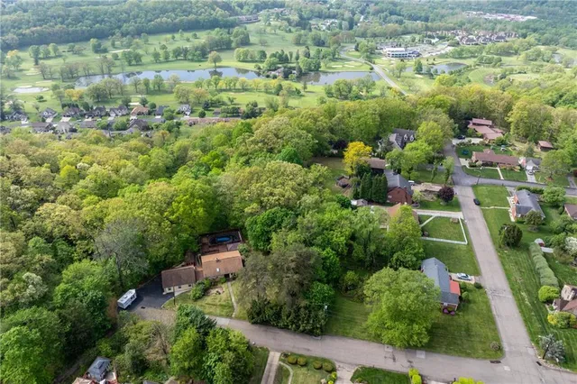 an aerial view of residential houses with outdoor space and trees