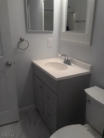 a bathroom with a sink toilet and mirror