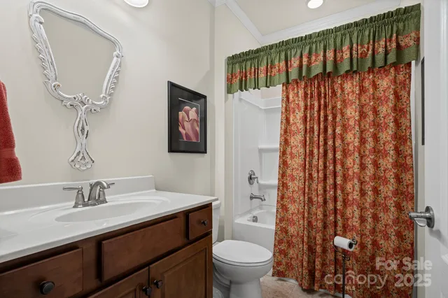 a bathroom with a sink a toilet and shower curtain
