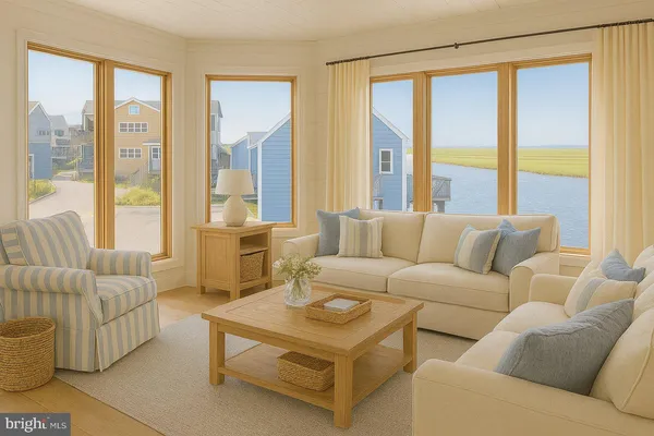 a view of a room with a large window
