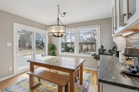 a view of a dining room with furniture window and outside view