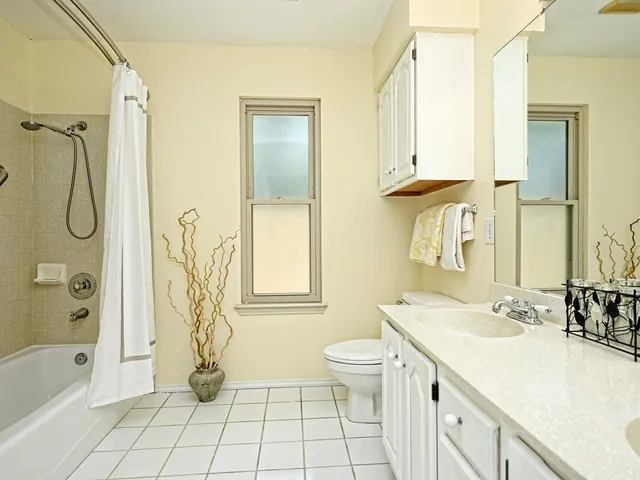 a bathroom with a granite countertop sink a toilet and shower