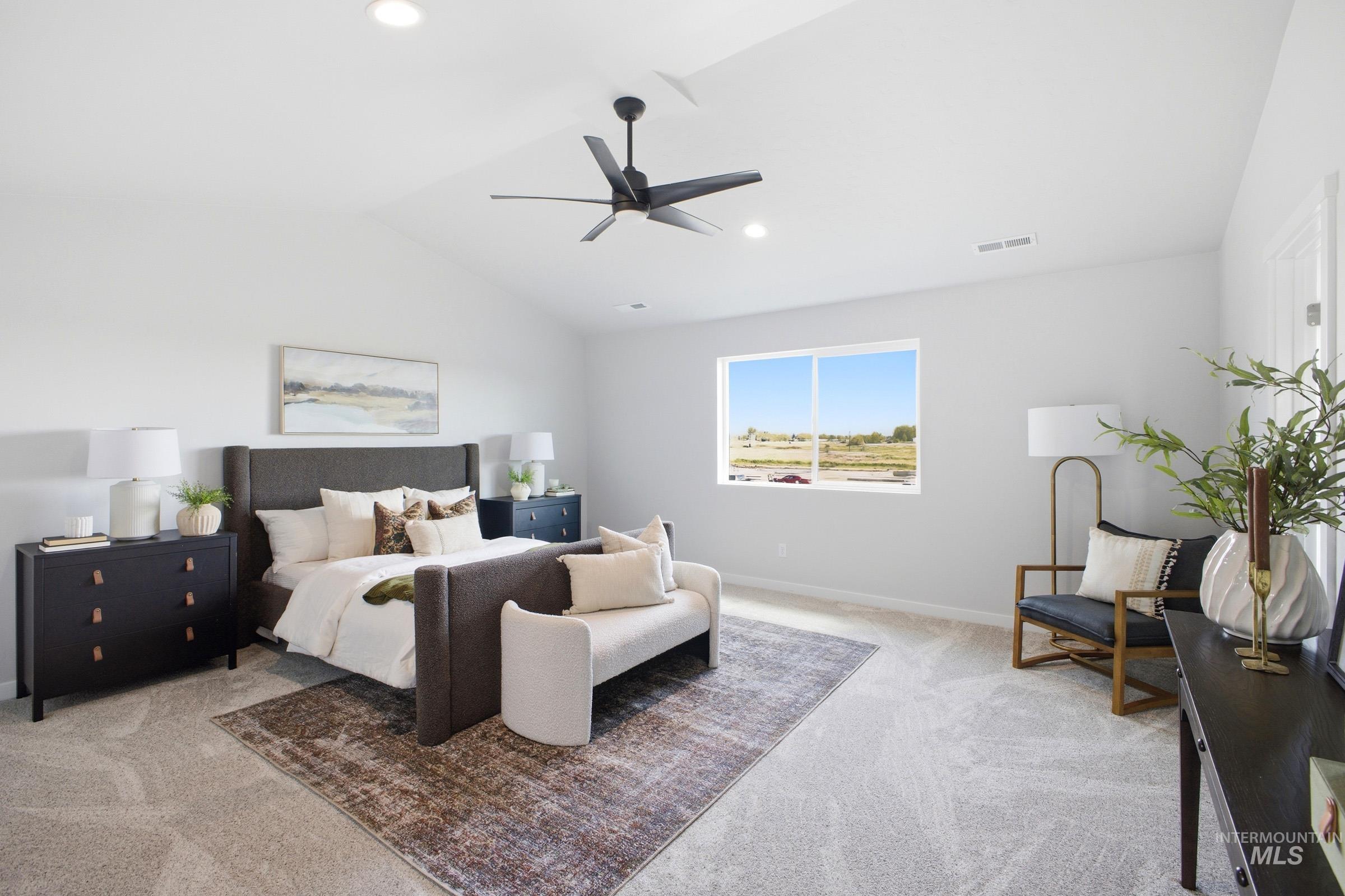 1641 Dyer Street Middleton, ID 83644 - Photo 23 of 29 Bedroom with light colored carpet, vaulted ceiling, ceiling fan, and recessed lighting