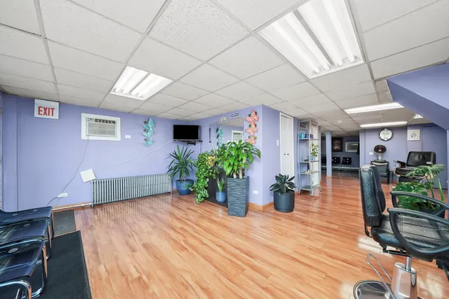 a living room with furniture and potted plants