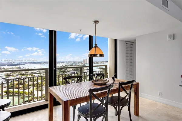 a view of a dining room with furniture window and outside view