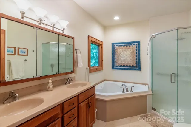 a bathroom with a tub sink and mirror