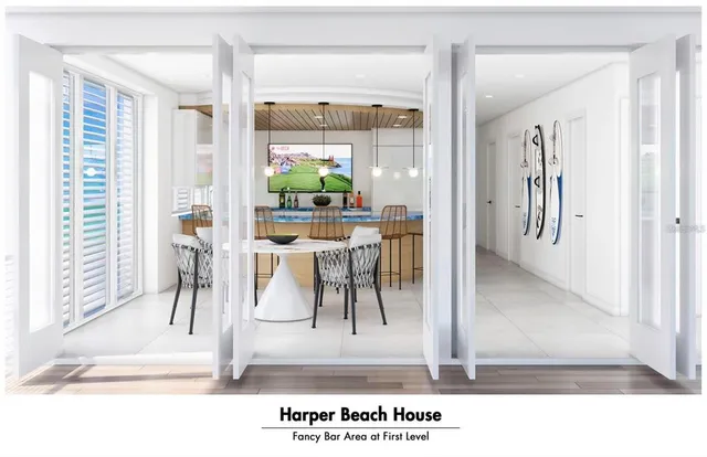 a living room with furniture and a dining table with potted plants