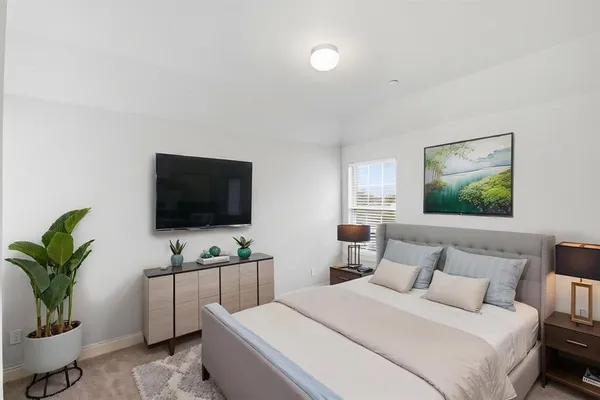 a bedroom with a bed and a flat screen tv