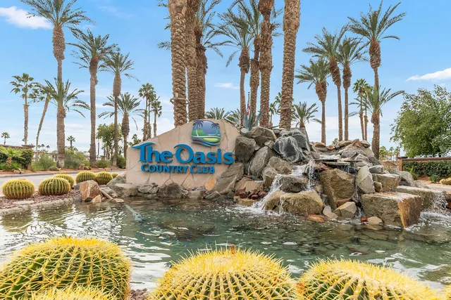 a view of a swimming pool with a lawn chairs and palm tree