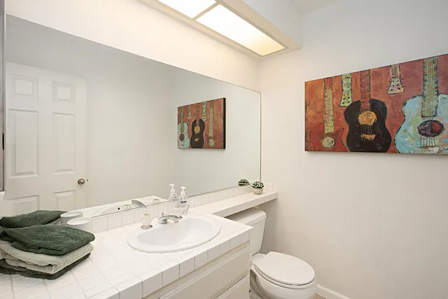 a bathroom with a toilet a sink and vanity