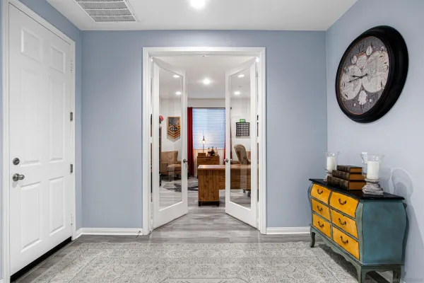 a view of a hallway with elevator
