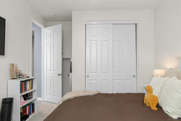 a bedroom with a bed and closet