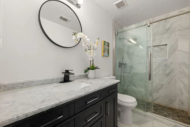 a bathroom with a granite countertop sink a toilet and a mirror