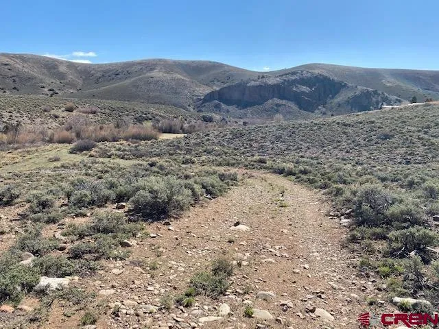 a view of a dry field with mountains in the background