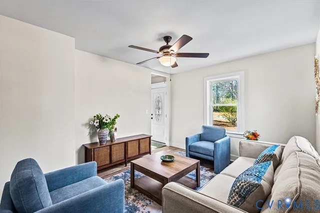 a living room with furniture and a potted plant