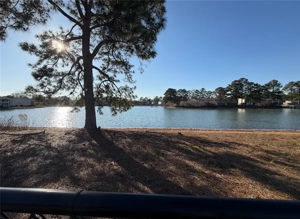 a view of a lake next to a road with large trees