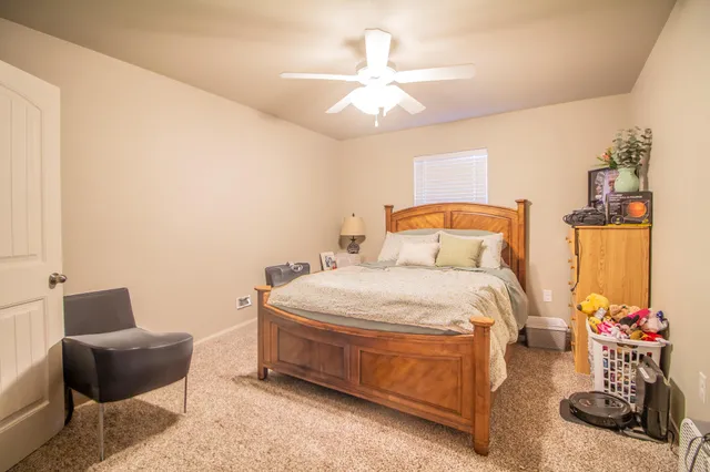 a bedroom with a bed and ceiling fan