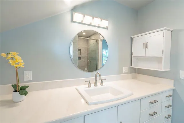 a bathroom with a sink and a mirror