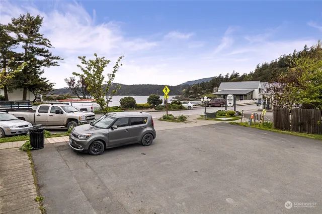 a view of a garden with an ocean