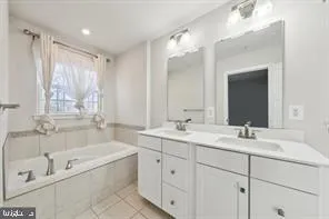 a bathroom with a tub a sink double vanity and a mirror